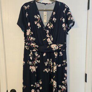 ✨ NWT Newshows Navy Floral Faux Wrap Midi Dress with Pockets - XXL 🌸